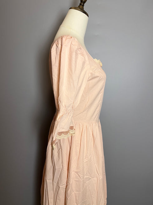 Blush Pink Regency Era Dress with Lace Trim and Puff Sleeves – Regency Dress Plus Size